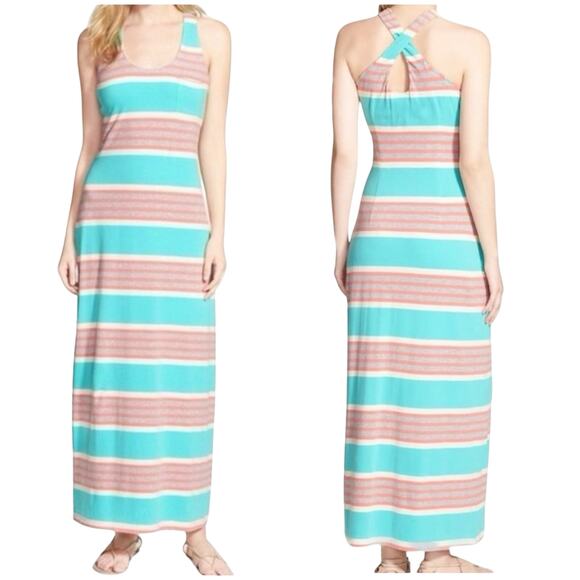 Tommy Bahama Retro Keefe Stripe Maxi Dress S Ice Cave Cross Back Shelf Bra Beach - Picture 1 of 11